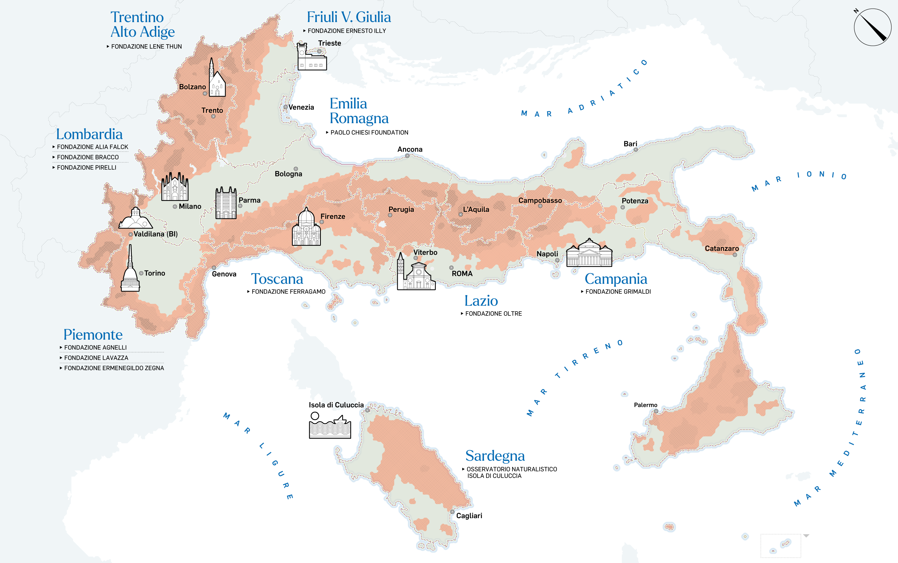 italian map with the name of the foundations